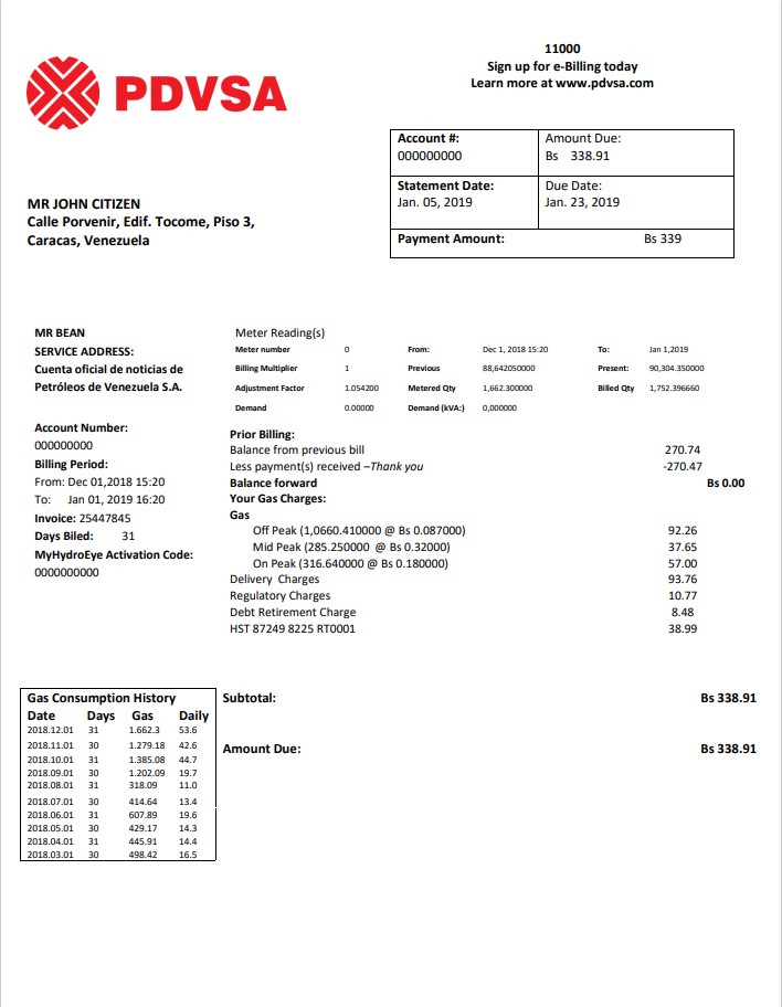 Venezuela PDVSA Gas utility bill template in Word and PDF format